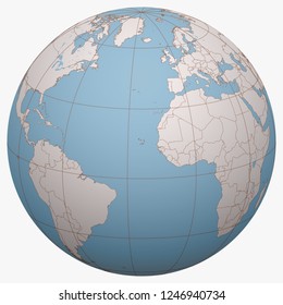 Cape Verde on the globe. Earth hemisphere centered at the location of the Republic of Cabo Verde. Cabo Verde map.