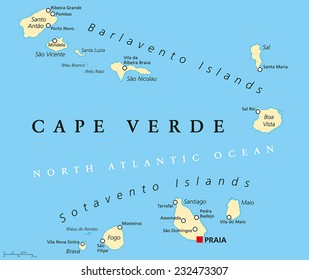 Cape Verde Political Map with capital Praia and important cities. English labeling and scaling.