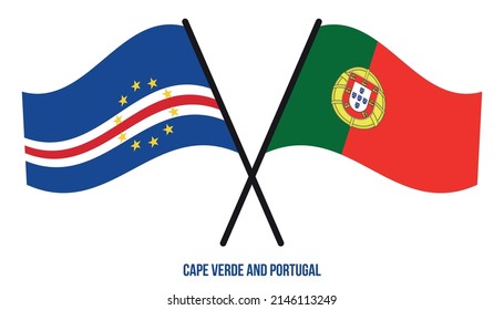 Cape Verde and Portugal Flags Crossed And Waving Flat Style. Official Proportion. Correct Colors.