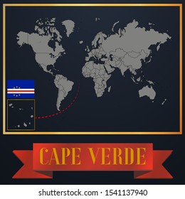 Cape Verde, Praia national flag, realistic globe world map blank template, solid country outline silhouette, atlas for infographic, vector illustration set, isolated object, background