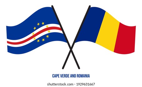 Cape Verde and Romania Flags Crossed And Waving Flat Style. Official Proportion. Correct Colors.