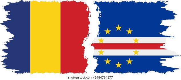 Cape Verde and Romania grunge flags connection, vector