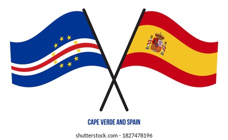 Cape Verde and Spain Flags Crossed And Waving Flat Style. Official Proportion. Correct Colors.