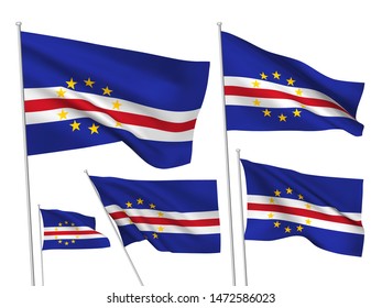 Cape Verde vector flags set. 5 different wavy fabric 3D flags fluttering on the wind. EPS 8 created using gradient meshes isolated on white background. Five design elements from world collection