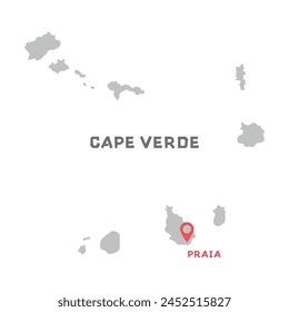 Cape verde vector map illustration, country map silhouette with mark the capital city of Cape verde inside. Map of Cape verde vector drawing. Filled version illustration isolated on white background.