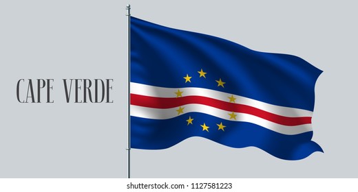 Cape Verde waving flag on flagpole vector illustration. Blue white element of Cabo Verde wavy realistic flag as a symbol of country 