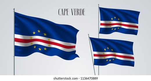 Cape Verde waving flag set of vector illustration. Blue white colors of Cabo Verde wavy realistic flag as a patriotic symbol 