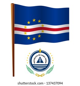 cape verde wavy flag and coat of arms against white background, vector art illustration, image contains transparency