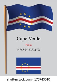 cape verde wavy flag and coordinates against gray background, vector art illustration, image contains transparency