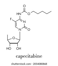 Capecitabine cancer drug molecule. Prodrug of 5-fluorouracil (5-FU). Skeletal formula.