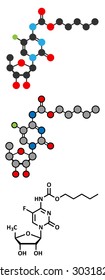 Capecitabine cancer drug molecule. Prodrug of 5-fluorouracil (5-FU). Conventional skeletal formula and stylized representations.

