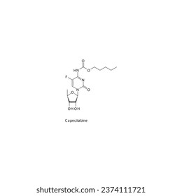 Capecitabine flat skeletal molecular structure Pyrimidine analog drug used in Gastric cancer, breast cancer treatment. Vector illustration.
