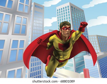 Caped super hero flying through the air in a city scene