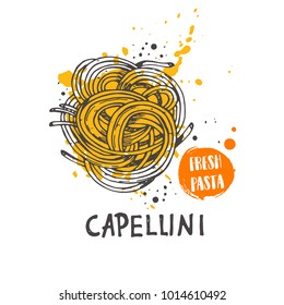 Capellini pasta. Italian cuisine. Logo, icon and label for your design. Hand drawn doodle vector illustration. Can be used for menu, cafe, restaurant, bar, poster, shop, food studio, emblem, sticker.