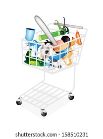 Capenter Tools, A Shopping Cart Full with Hot Glue Gun, Caulking Gun, Airbrush Painting, Oil Can, Cordless Drill or Screwdriver, Electric Angle Grinder and Chainsaw for Home Improvement 