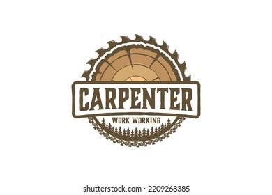 Logotipo de trabajo de madera Capenter diseño plano de madera sierra circular madera vintage leñador taller de leña elemento de leña