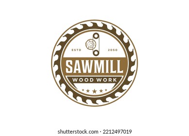 Capenter wood work logo design sawmill machine circular saw vintage timber lumberjack workshop wood log element