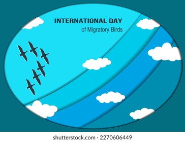 Caper cut style vector graphic of a group of birds flying in the clouds, perfect for World Migratory Bird Day, celebration, greeting card, etc.