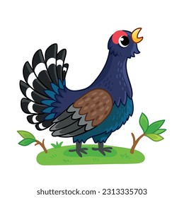 Capercaillie stands in a forest clearing and sings. Vector illustration with forest bird in cartoon style.