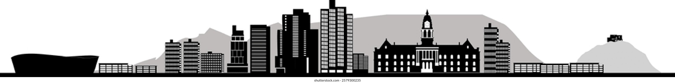 capetown city skyline, presented in black and white with iconic structures and modern architectural design. Depicts a blend of classic and contemporary styles representing metropolit