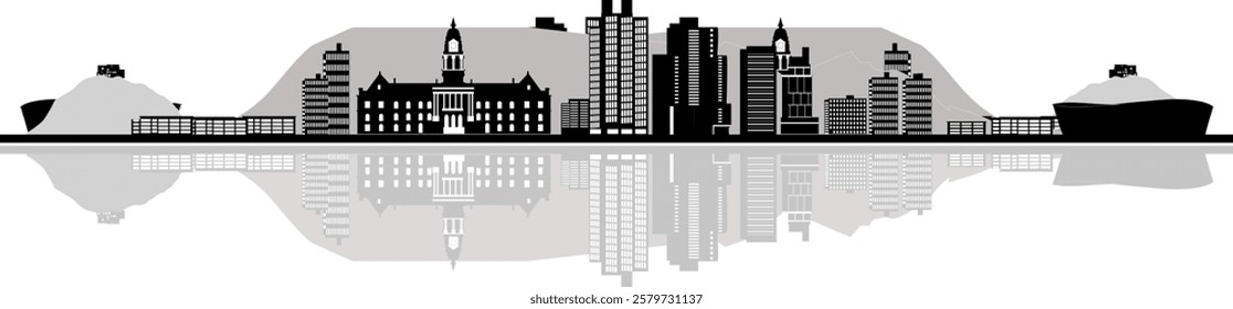 capetown city skyline, presented in black and white with iconic structures and modern architectural design. Depicts a blend of classic and contemporary styles representing metropolit