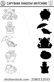 Capibara black and white shadow matching activity. Capybara shape recognition puzzle, coloring page. Find correct silhouette printable worksheet, game for kids with animals doing relaxing activities
