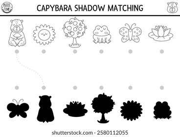 Capibara black and white shadow matching activity. Capybara symbols shape recognition puzzle, coloring page. Find correct silhouette printable worksheet, game for kids with cute animals
