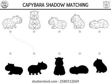 Capibara black and white shadow matching activity. Capybara shape recognition puzzle, coloring page. Find correct silhouette printable worksheet or game. Match up page for kids with cute animals
