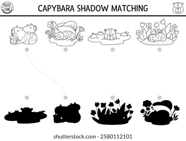 Capibara black and white shadow matching activity. Capybara shape recognition puzzle, coloring page. Find correct silhouette printable worksheet, game for kids with animals doing relaxing activities
