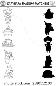 Capibara black and white shadow matching activity. Capybara shape recognition puzzle. Find correct silhouette printable worksheet, coloring page or game. Match up page for kids with animals
