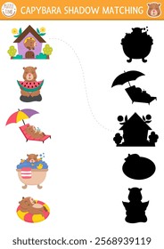 Capibara shadow matching activity. Capybara shape recognition puzzle. Find correct silhouette printable worksheet or game. Match up page for kids with cute animals doing relaxing activities