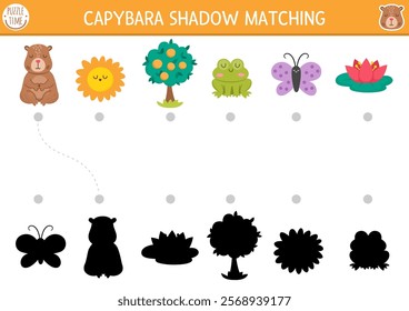 Capibara shadow matching activity. Capybara symbols shape recognition puzzle. Find correct silhouette printable worksheet or game. Match up page for kids with cute animals