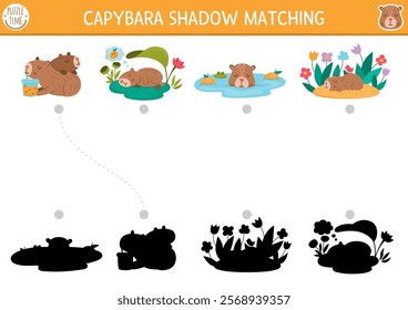 Capibara shadow matching activity. Capybara shape recognition puzzle. Find correct silhouette printable worksheet or game. Match up page for kids with cute animals doing relaxing activities