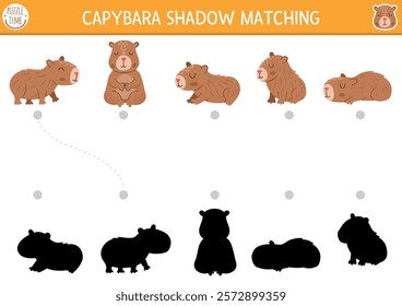 Capibara shadow matching activity. Capybara shape recognition puzzle. Find correct silhouette printable worksheet or game. Match up page for kids with cute animals