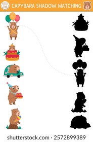 Capibara shadow matching activity. Capybara shape recognition puzzle. Find correct silhouette printable worksheet or game. Match up page for kids with cute animals