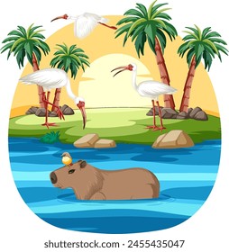 Capibara and storks in a serene tropical setting