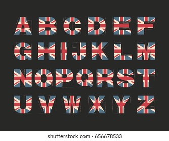 Capital 3d Alphabet with UK flag texture isolated on black background. Vector illustration. Element for design. Kids alphabet. Great Britain patriotic font.