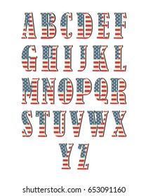 Capital 3d letter alphabet with american flag texture isolated on white background. Vector illustration. Element for design. Kids alphabet. USA flag patriotic font.