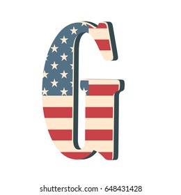 Capital 3d letter G with american flag texture isolated on white background. Vector illustration. Element for design. Kids alphabet. USA flag patriotic font.