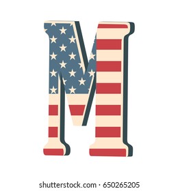 Capital 3d letter N with american flag texture isolated on white background. Vector illustration. Element for design. Kids alphabet. USA flag patriotic font.