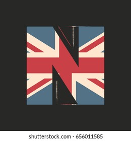 Capital 3d letter N with UK flag texture isolated on black background. Vector illustration. Element for design. Kids alphabet. Great Britain patriotic font.