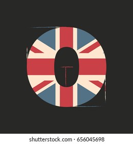 Capital 3d letter O with UK flag texture isolated on black background. Vector illustration. Element for design. Kids alphabet. Great Britain patriotic font.