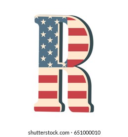 Capital 3d letter R with american flag texture isolated on white background. Vector illustration. Element for design. Kids alphabet. USA flag patriotic font.