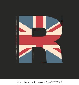 Capital 3d letter R with UK flag texture isolated on black background. Vector illustration. Element for design. Kids alphabet. Great Britain patriotic font.