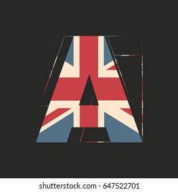 Capital 3d letter A with UK flag texture isolated on black background. Vector illustration. Element for design. Kids alphabet. Great Britain patriotic font.