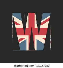 Capital 3d letter W with UK flag texture isolated on black background. Vector illustration. Element for design. Kids alphabet. Great Britain patriotic font.