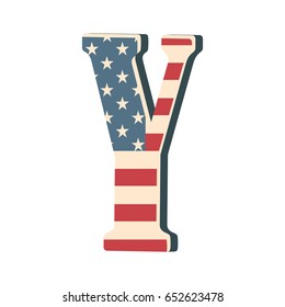 Capital 3d letter Y with american flag texture isolated on white background. Vector illustration. Element for design. Kids alphabet. USA flag patriotic font.