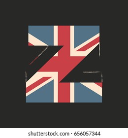 Capital 3d letter Z with UK flag texture isolated on black background. Vector illustration. Element for design. Kids alphabet. Great Britain patriotic font.