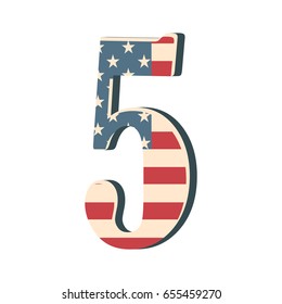 Capital 3d number five with american flag texture isolated on white background. Vector illustration. Element for design. Kids alphabet. USA flag patriotic font.