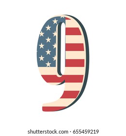 Capital 3d number nine with american flag texture isolated on white background. Vector illustration. Element for design. Kids alphabet. USA flag patriotic font.